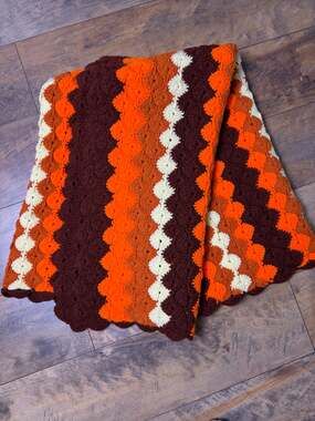 Vintage Afghan Crochet Blanket 58” x 68” Zig Zag Brown Cream Orange